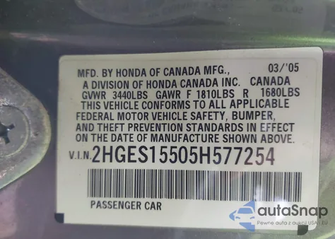 2005 Honda Civic Lx из США, поврежденный, VIN 2HGES15505H577254